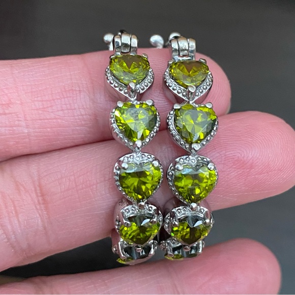 Stainless Steel Simulated Diamond Avocado Green Peridot Inside Out Hoop Earrings - Picture 8 of 15